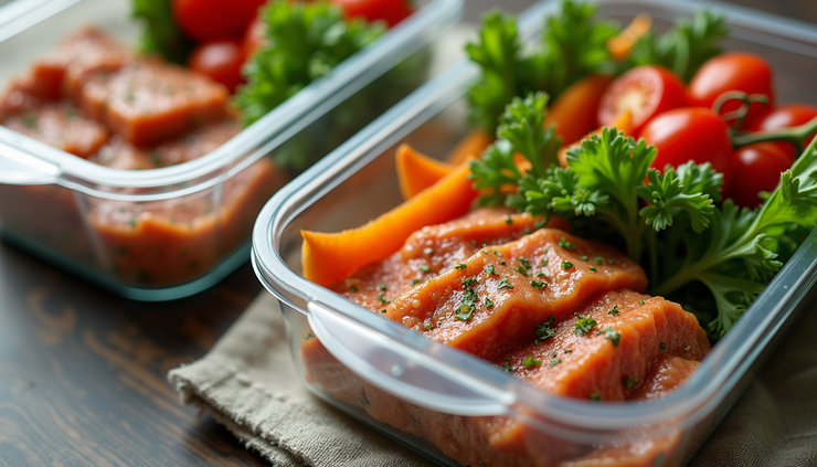 High angle view of a holiday meal prep with containers of lean protein, vegetables, and healthy snacks