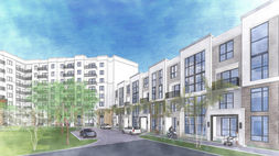 Architectural rendering of The Retreat at Plantation Walk showing modern multi-story residential buildings and a green courtyard.