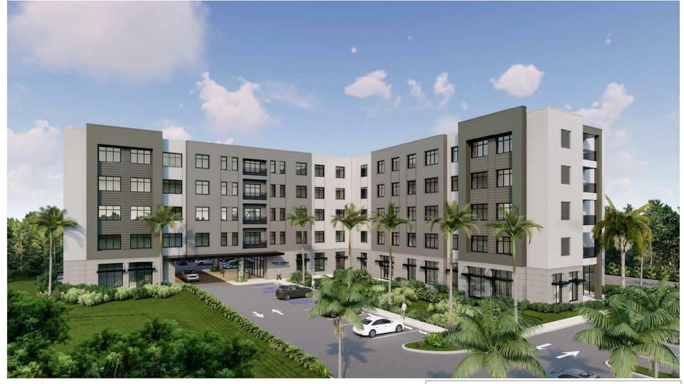 Modern architectural rendering of the 5-story Marquis Health skilled nursing facility in Miami, showcasing a contemporary exterior design with a manicured front courtyard and parking layout.