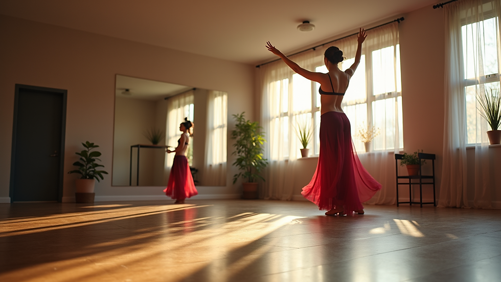 eye-level view of dance studio with mirrors and belly dance props