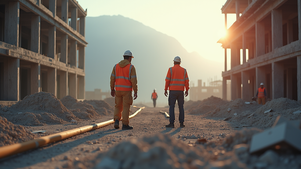 Wide angle view of a construction site with workers collaborating
