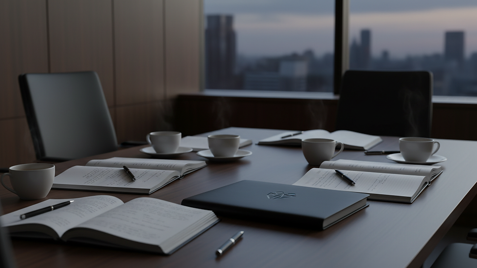 Close-up of a conference room table with notebooks and coffee cups