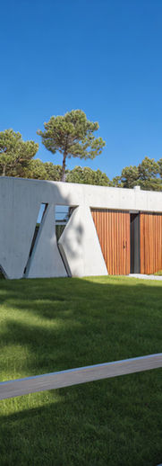 Modern house, white concrete,  wood siding, geometric cutouts, lawn, pine trees, landscaping rocks, shrubs, metal fence,  sunny day.