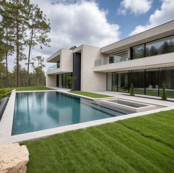 Modern house, white plaster, dark gray aluminum window shutters, glass railings, infinity pool, light beige concrete decking,  pine trees, manicured lawn, limestone rocks, spring, daytime.