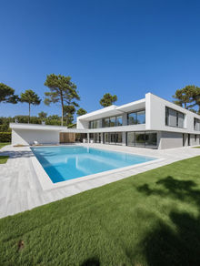 Modern house, white and grey stucco, large windows, glass railings, swimming pool, light grey porcelain tiles, pine trees, manicured lawn, sunny day.