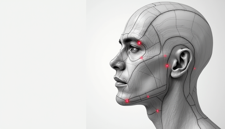Close-up eye-level view of a male face showing acupressure points with line illustrations