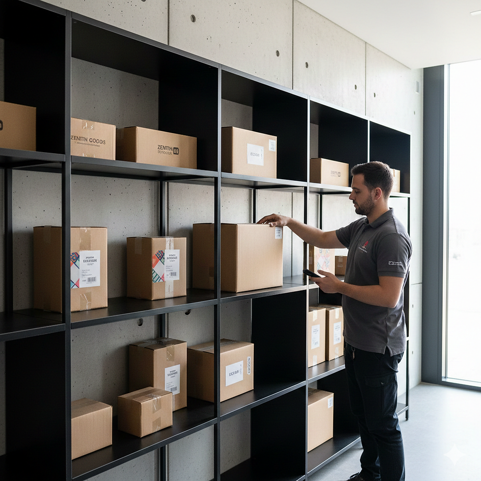 Courier placing parcels on shelving in a parcel room inside a residential building