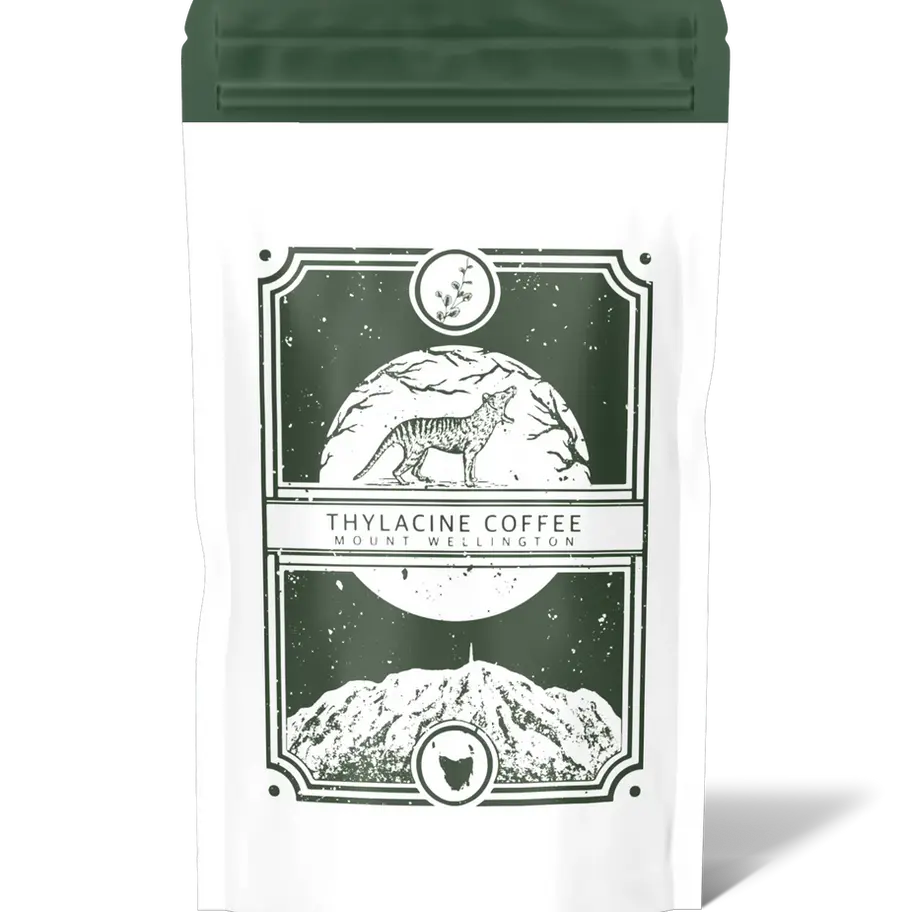 Thylacines Coffee bag with Mount Wellington, Tasmanian devil illustration, and mountain design