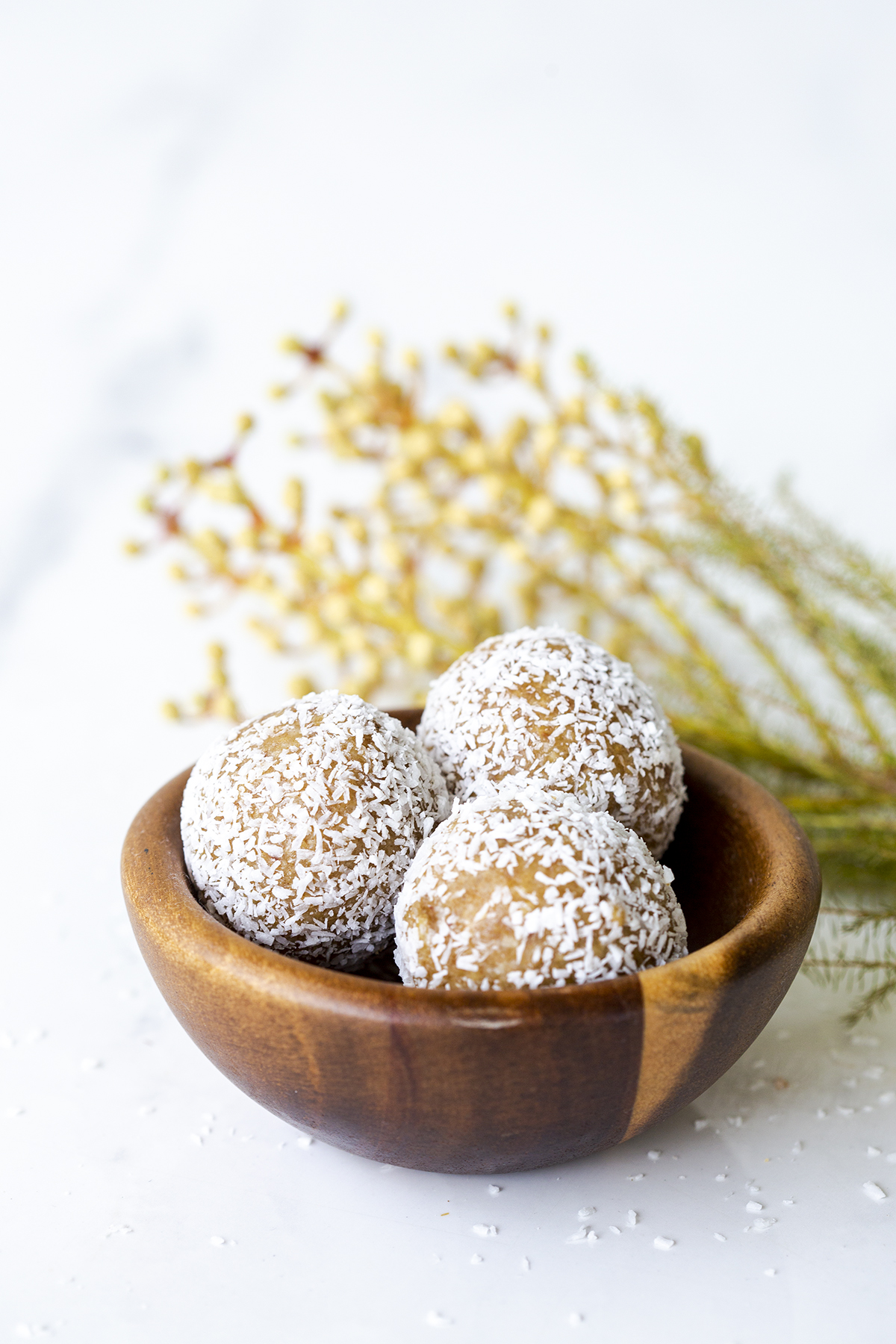 Kitchen Remedy Coconut Rough Protein Ball, a raw coconut and cacao treat for cabinet and catering display