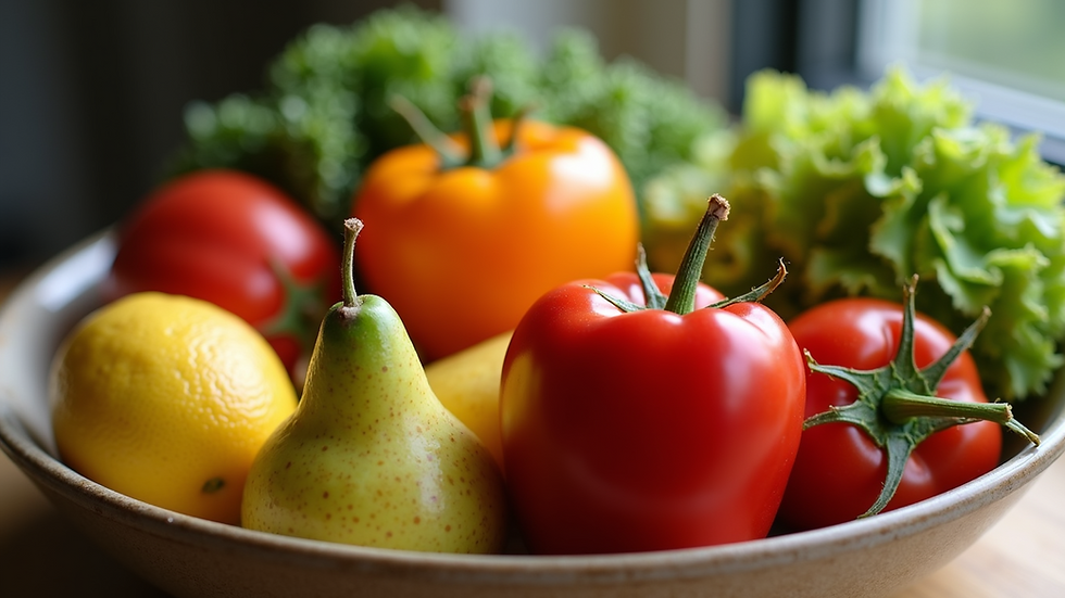 Close-up view of colorful fresh fruits and vegetables arranged in a bowl