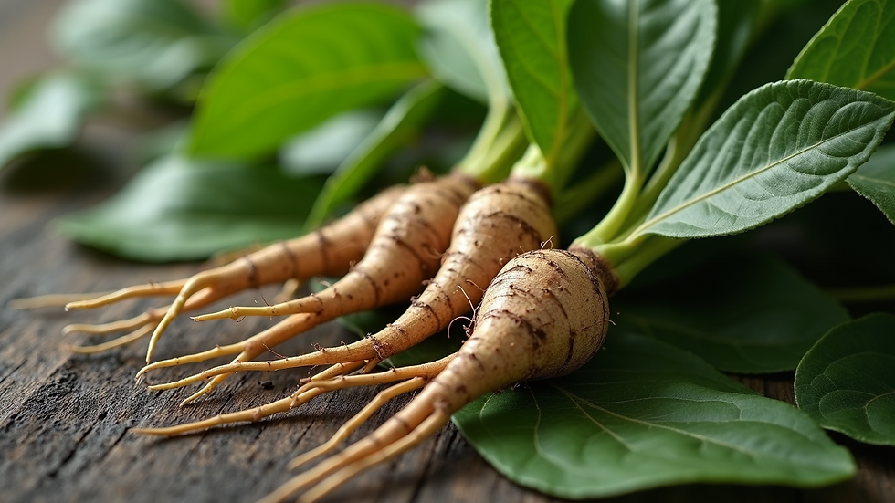 High angle view of fresh ashwagandha roots and leaves