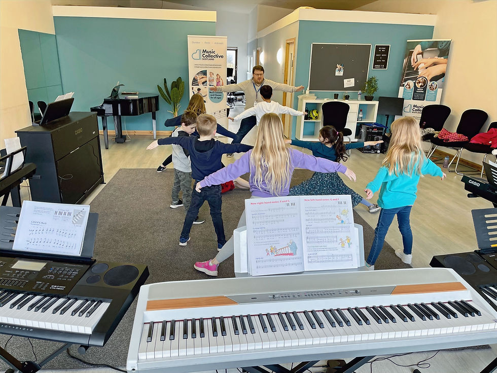 Kids playing a musical game during early keys group piano class.