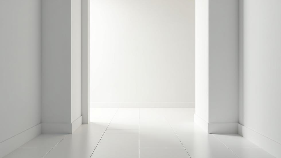Eye-level view of MDF rodapié with a smooth white finish in a bright hallway