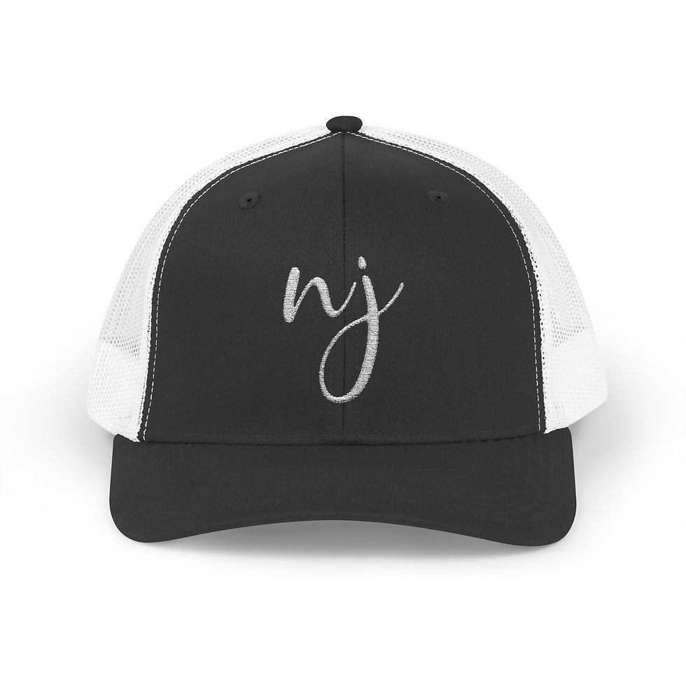 Thumbnail: New Jersey Script Logo Snapback Cap | Red Trucker Hat, Minimal Monogram