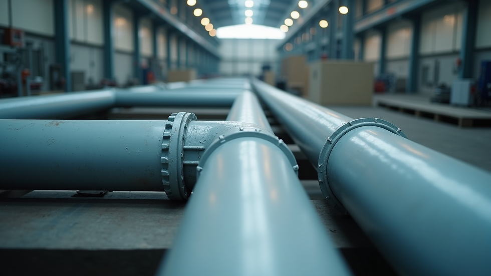 Eye-level view of industrial PVC pipes being installed in a factory setting
