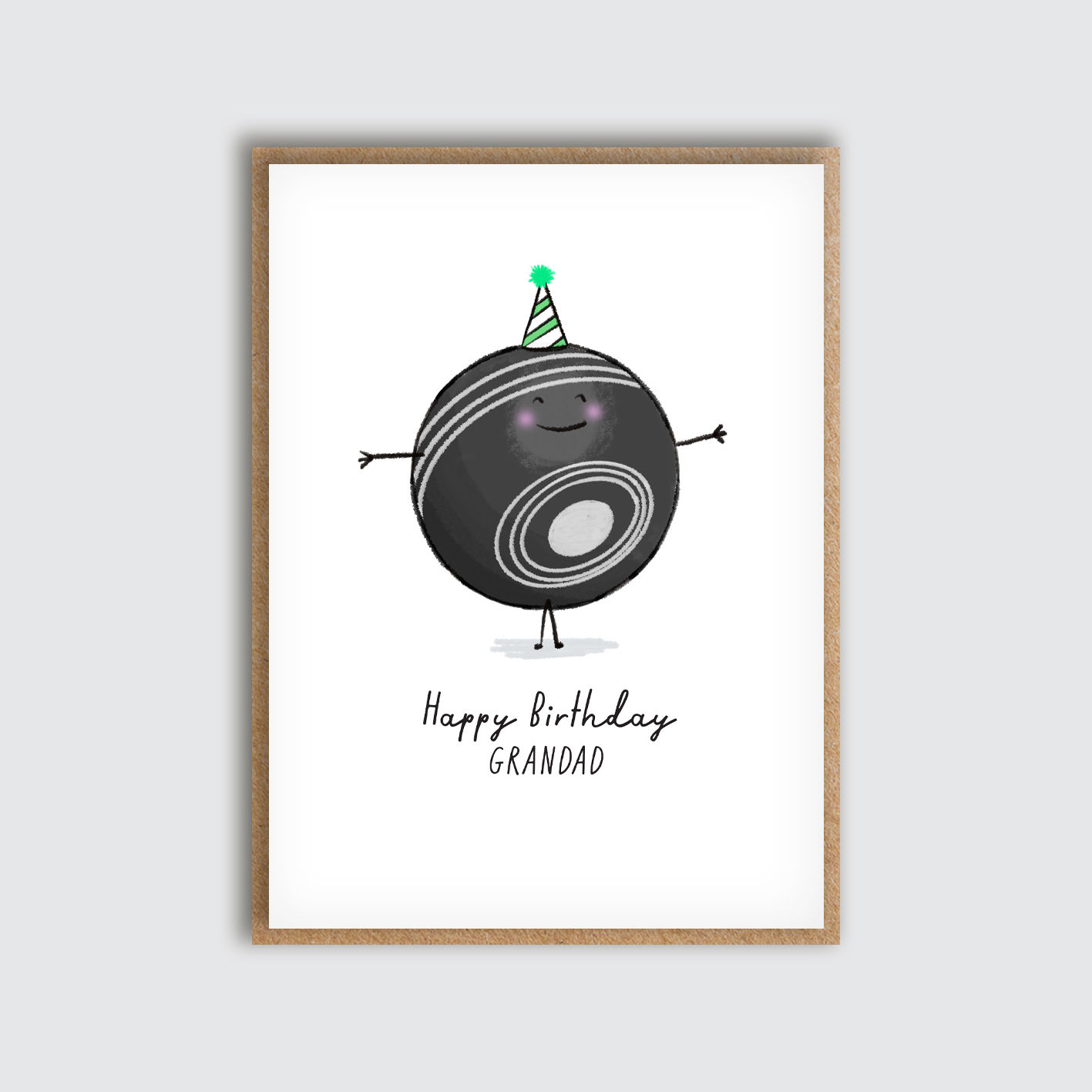 Grandad Bowls Guy Birthday Green Hat Card. Front view of card.
