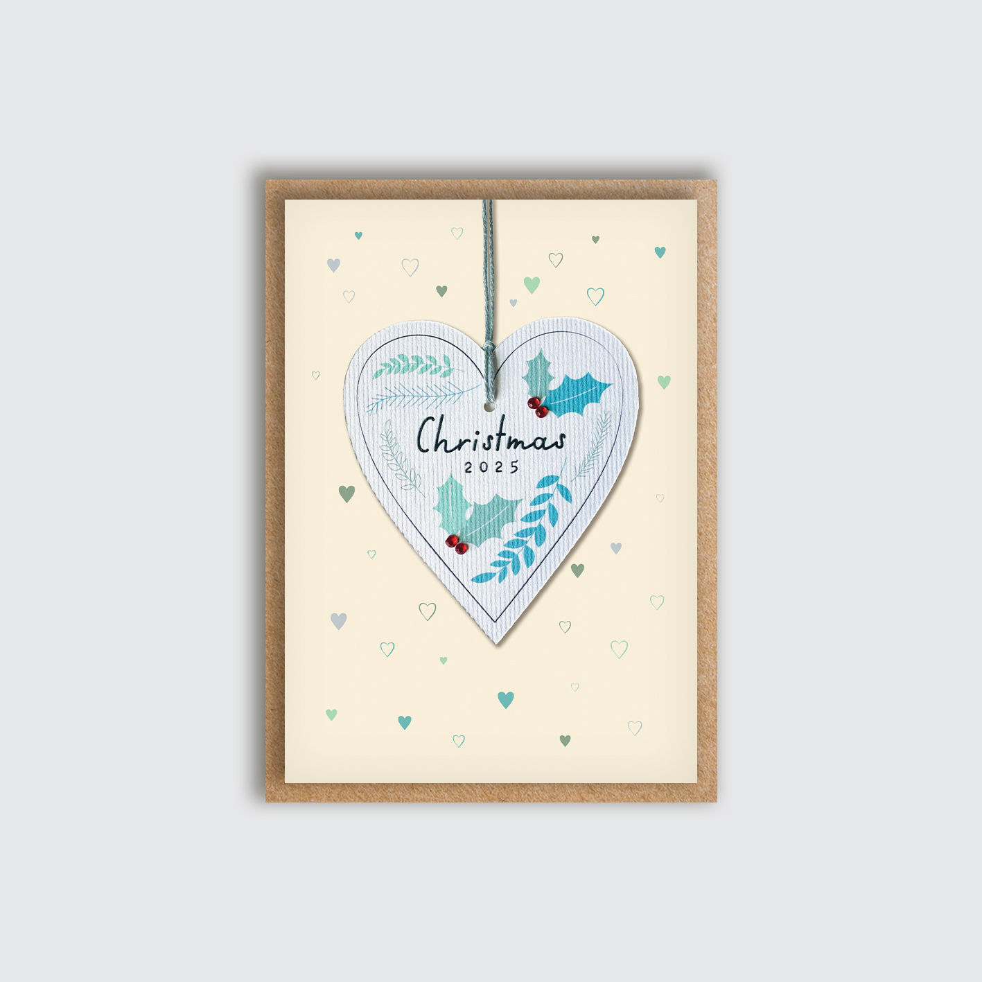 Paper Bauble Christmas 2025 Heart Card. Front view of card.