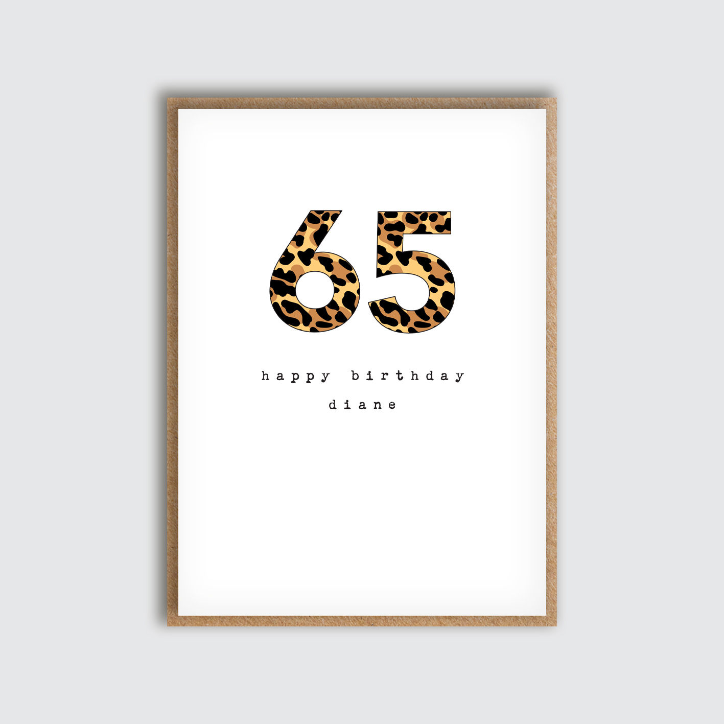 Personalised Leopard Age 65 Birthday Card. Front view of card.