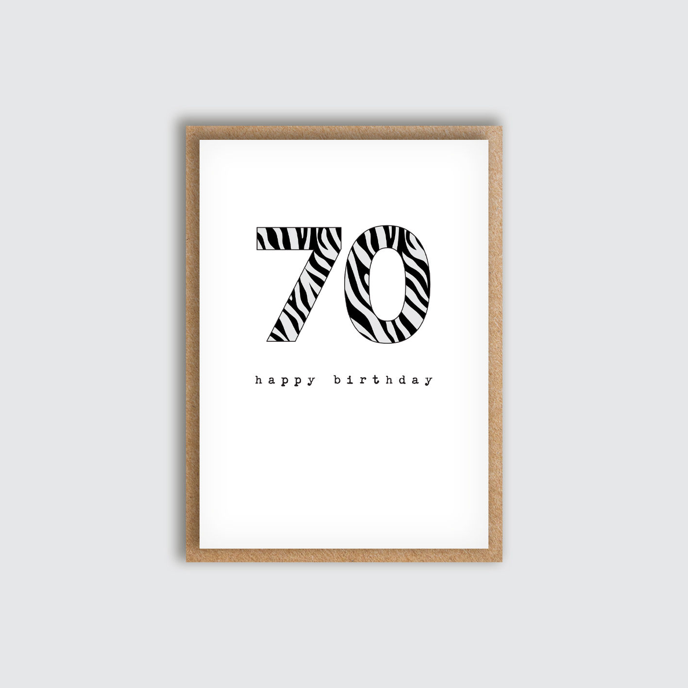 Zebra Age 70 Birthday Card. Front view of card.