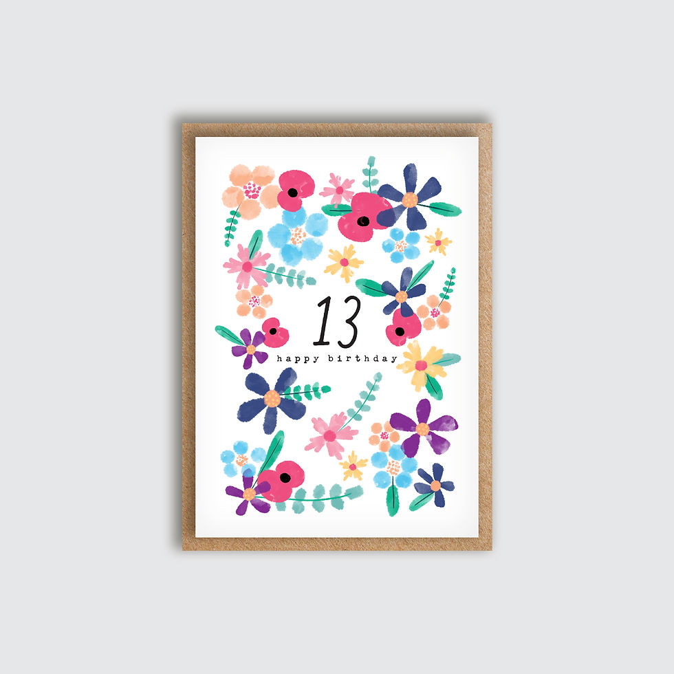 A6 Floral Bloom Age 13 Birthday Card. Front view of card.