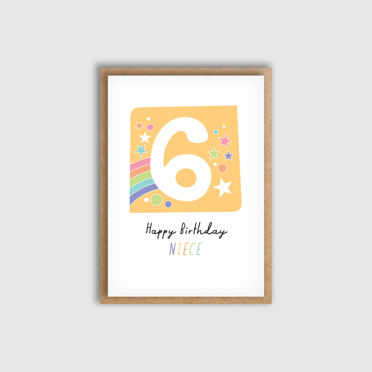 Personalised Rainbow Bright Age 6 Birthday Card. Front view of card.