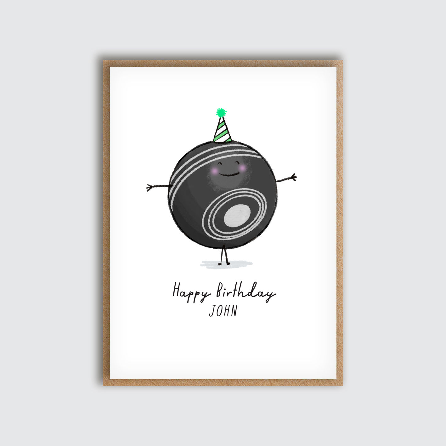 Personalised Bowls Guy Birthday Green Hat Card. Front view of card.