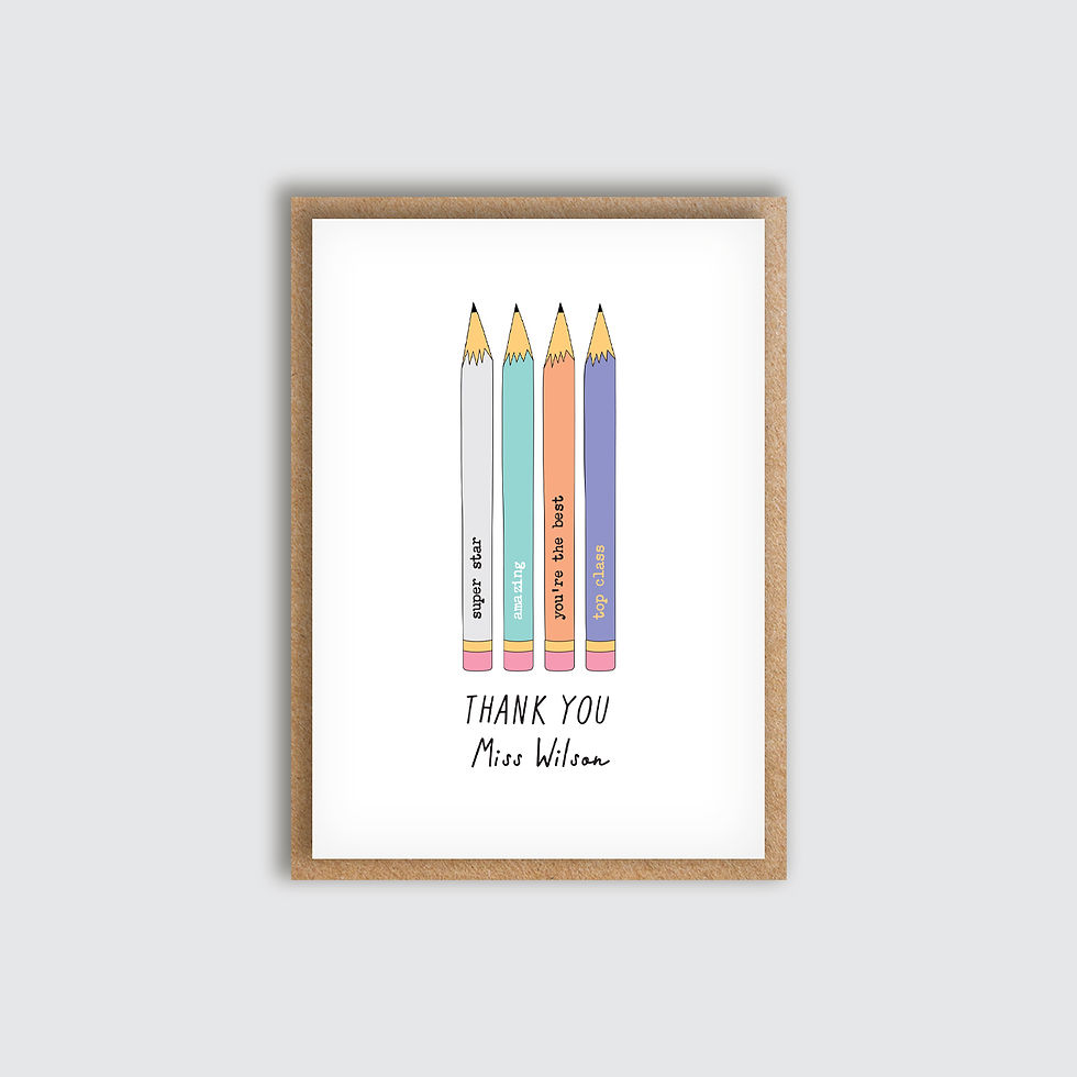 Personalised  Pencils Thank You Teacher Card. Front view of card.