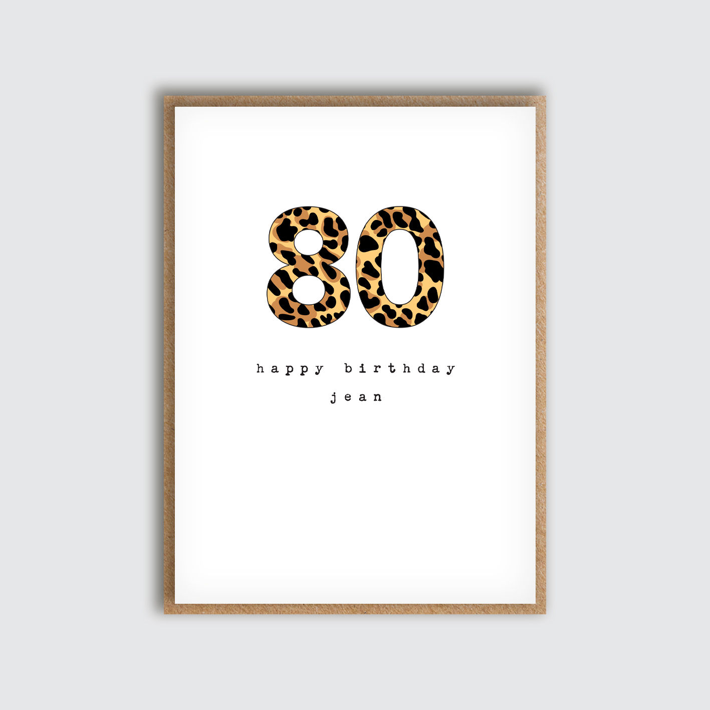 Personalised Leopard Age 80 Birthday Card. Front view of card.