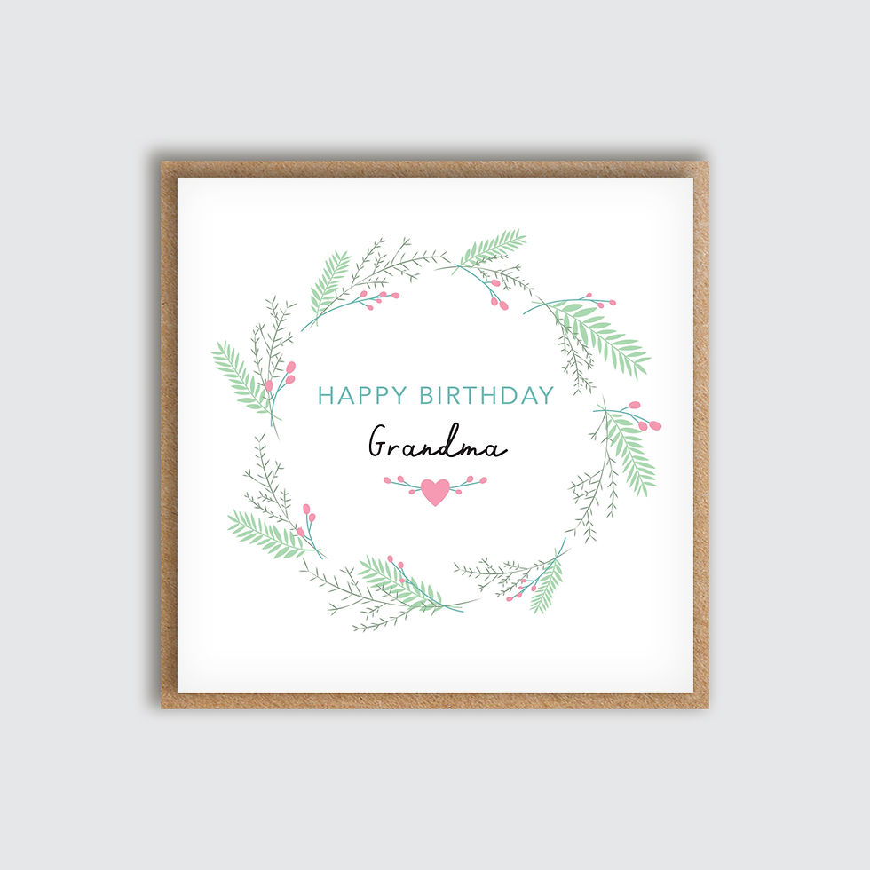 Grandma Leafy Wreath Birthday Card. Front view of card.