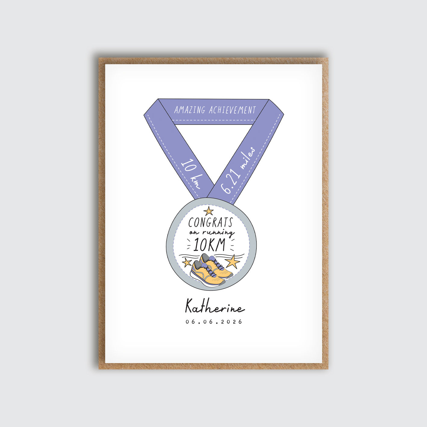 Personalised 10km Congratulations Card. Front view of card.