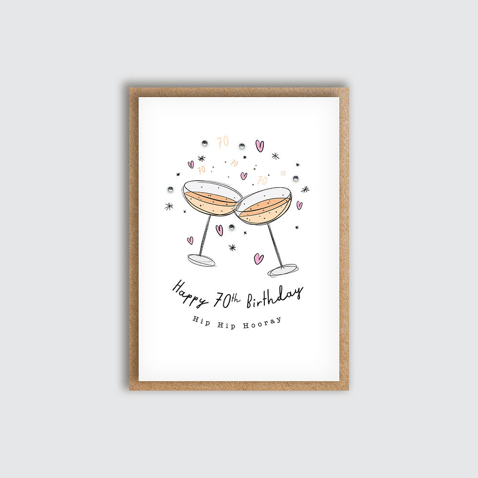 A6 Champagne Toast Age 70 Birthday Card. Front view of card.