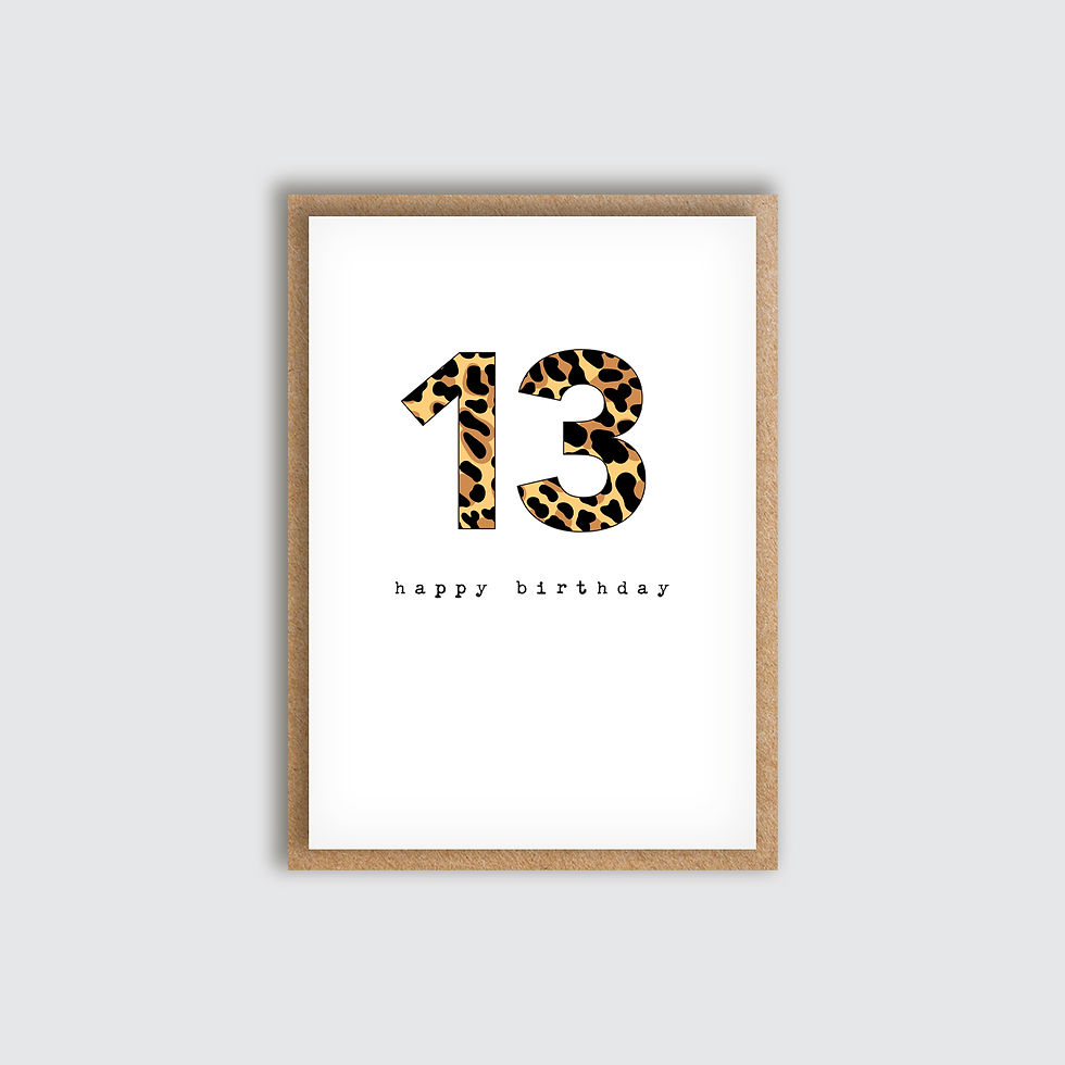 A6 Leopard Age 13 Birthday Card. Front view of card.