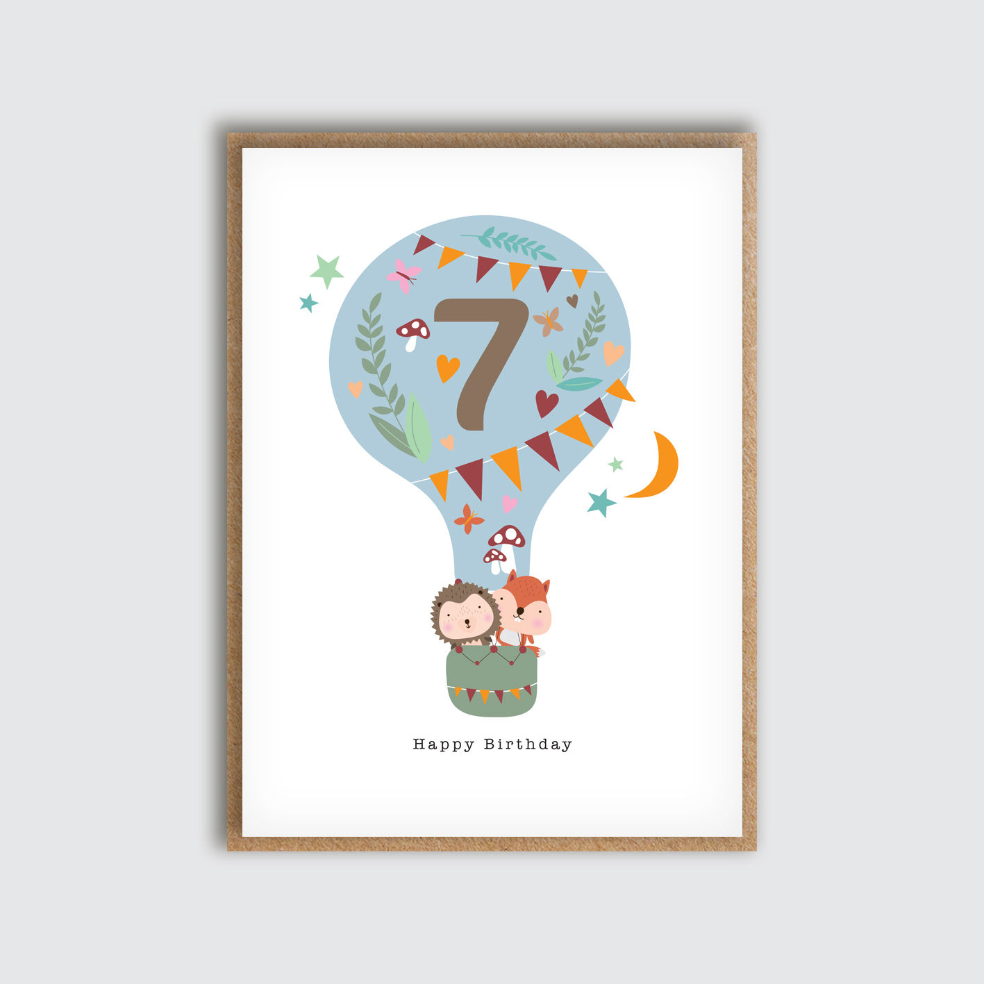 Woodland Creatures Hot Air Balloon Age 7 Birthday Card. Front view of card.