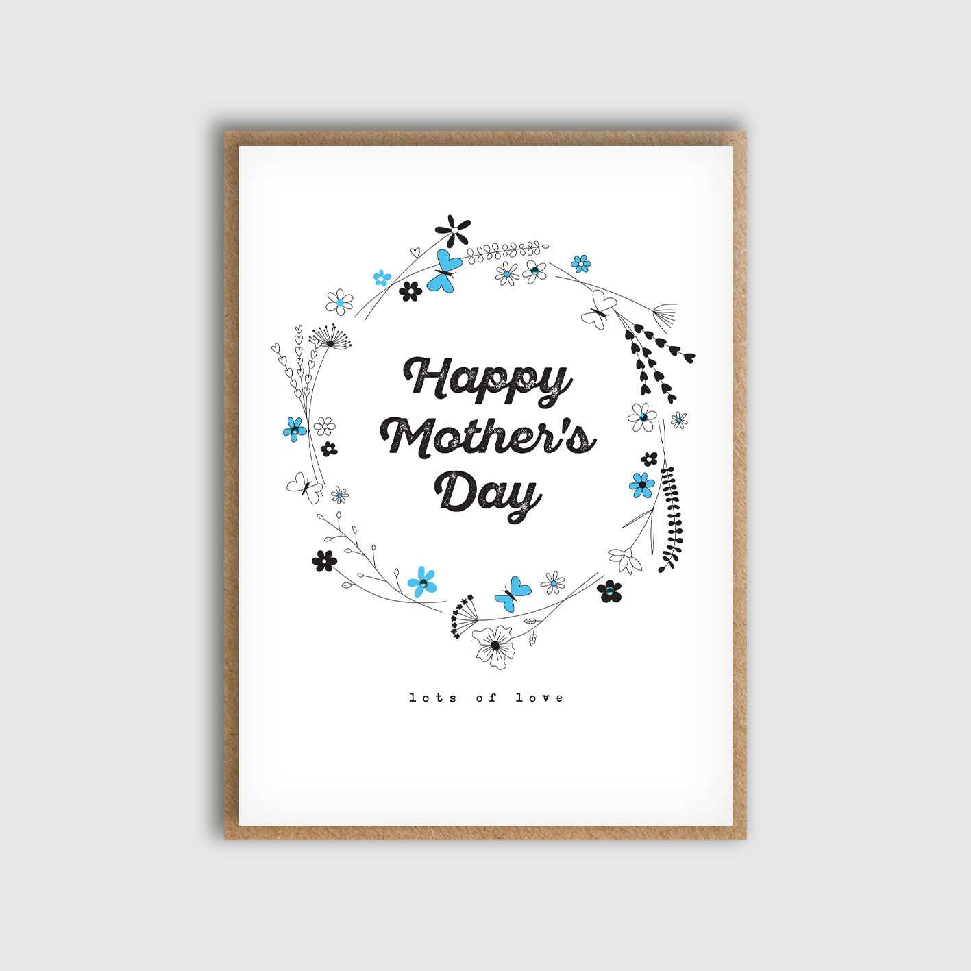 Dainty Flower Wreath Blue Mother's Day Card. Front view of card.