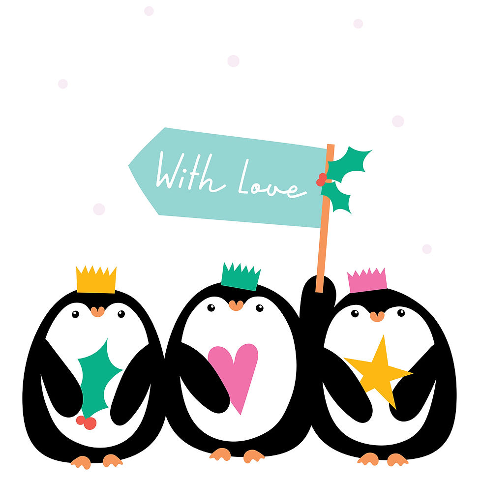 Close up of We Three Penguins Christmas Card.