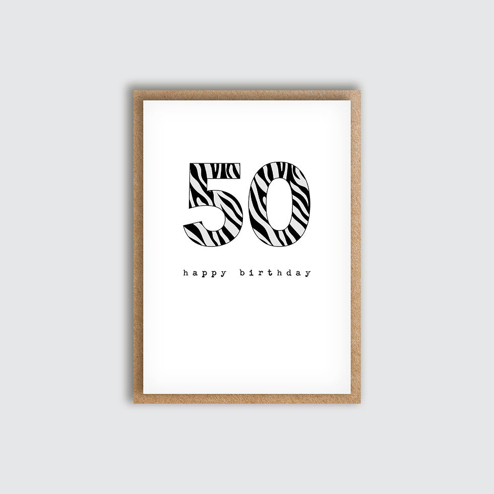 Zebra Age 50 Birthday Card. Front view of card.