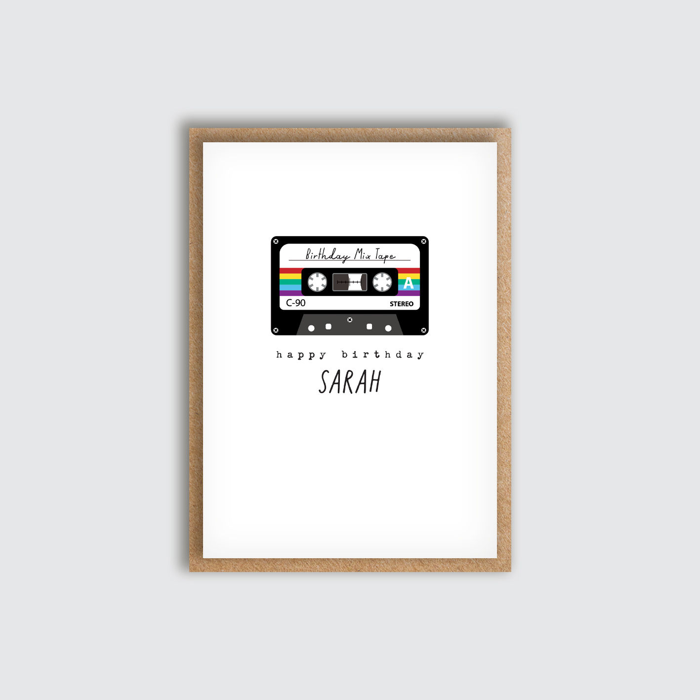 Personalised Sarah Birthday Mix Cassette Tape Card. Front view of card.
