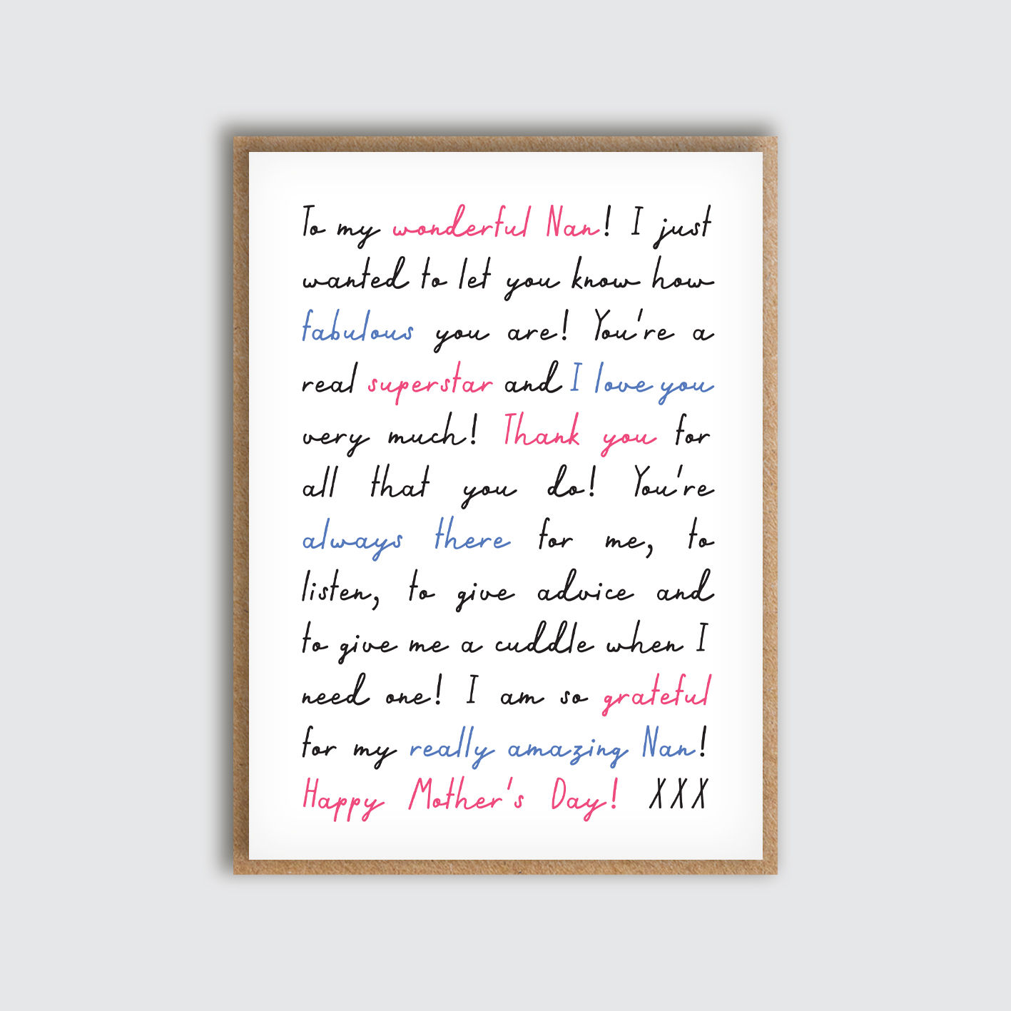 Nan Mother's Day Words Card. Front view of card.