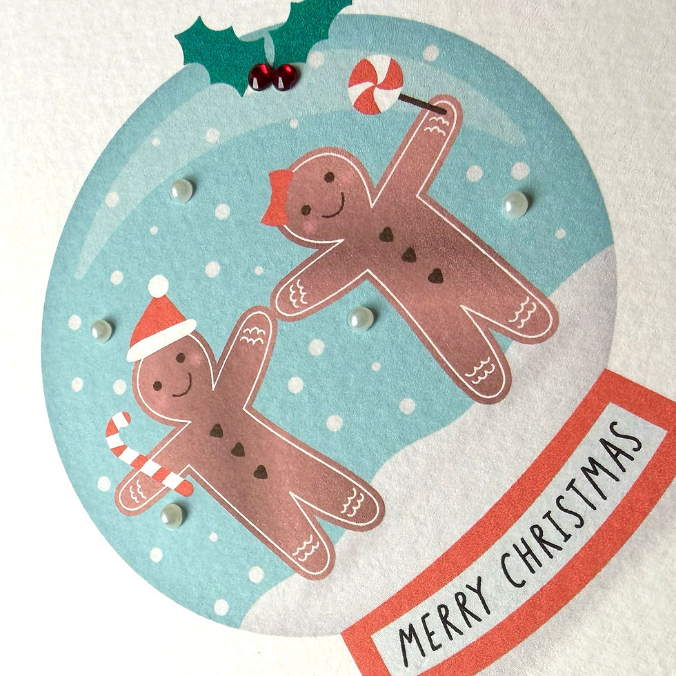 Close up of Both of You Gingerbread Christmas Snow Globe Card.