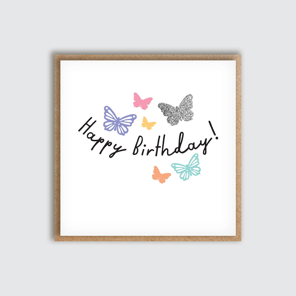 Flutterby Butterfly Birthday Card. Front view of card.
