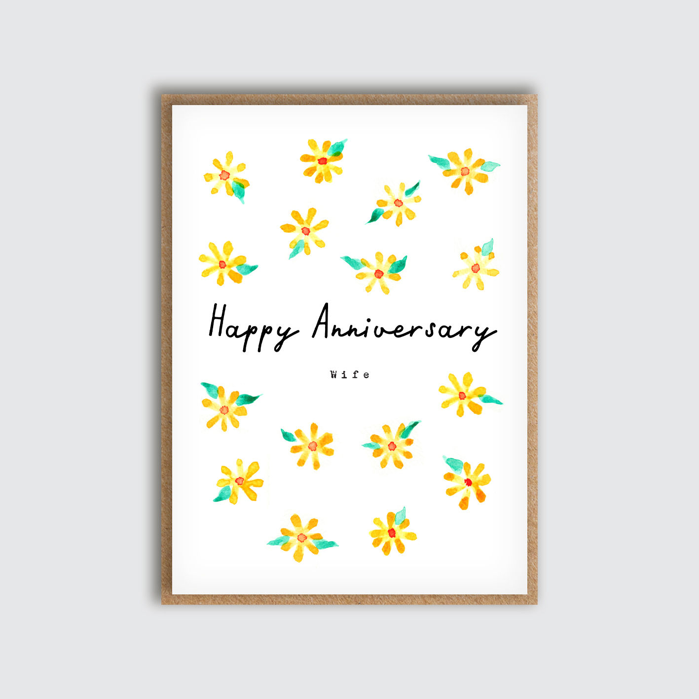 Watercolour Yellow Flowers Wife Anniversary Card. Front view of card.