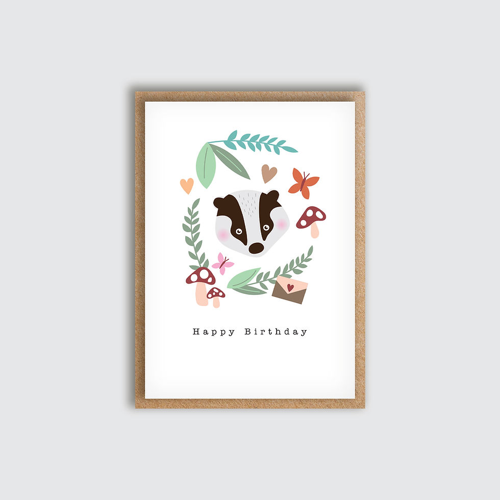 Woodland Badger Birthday Card. Front view of card.
