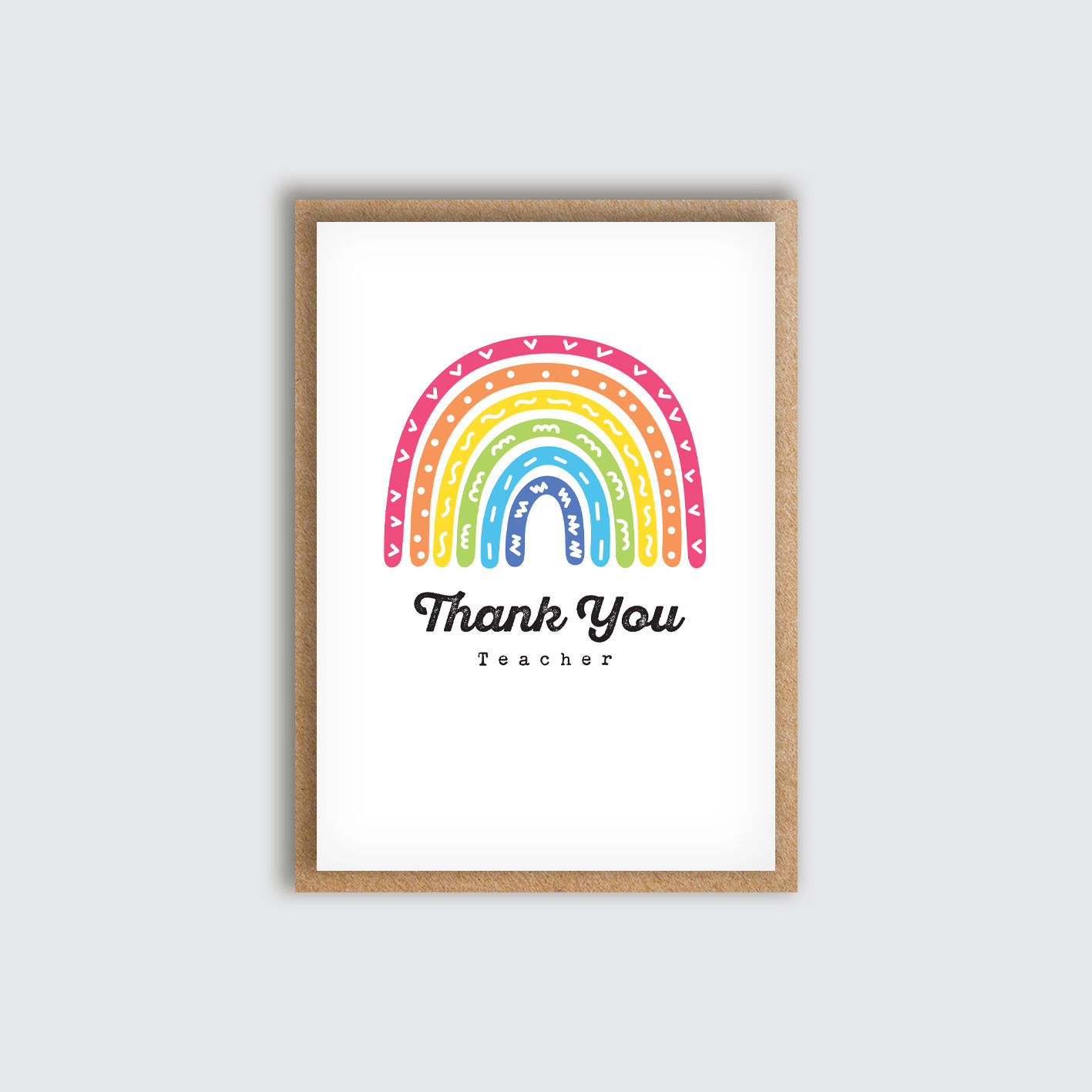A6 Rainbow Doodle Thank You Teacher Card. Front view of card.