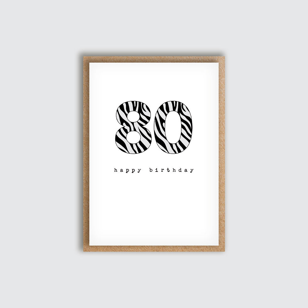 Zebra Age 80 Birthday Card. Front view of card.