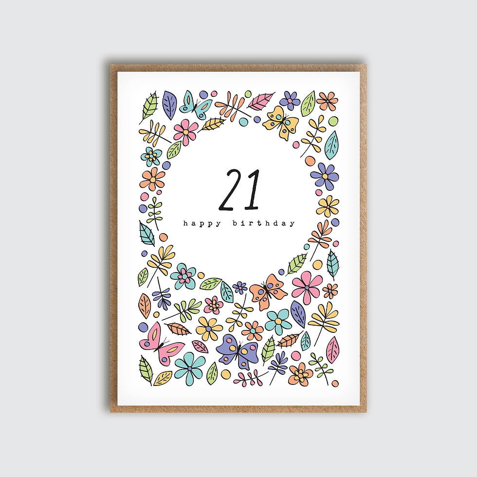 Pretty & Bright Birthday Blooms Age 21 Card. Front view of card.