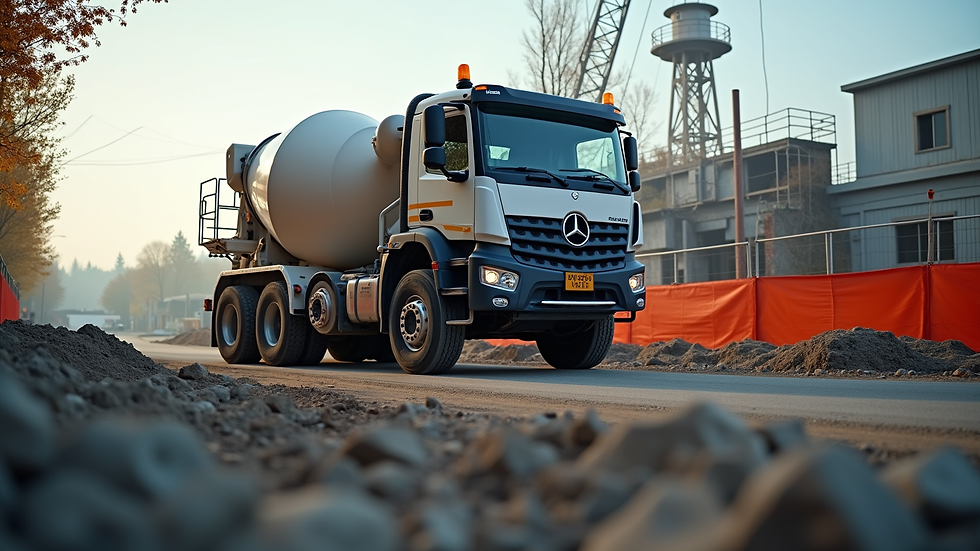 Eye-level view of concrete mixer truck at a construction site in Milwaukie