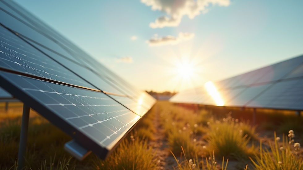 Eye-level view of a solar panel installation in a sunny landscape