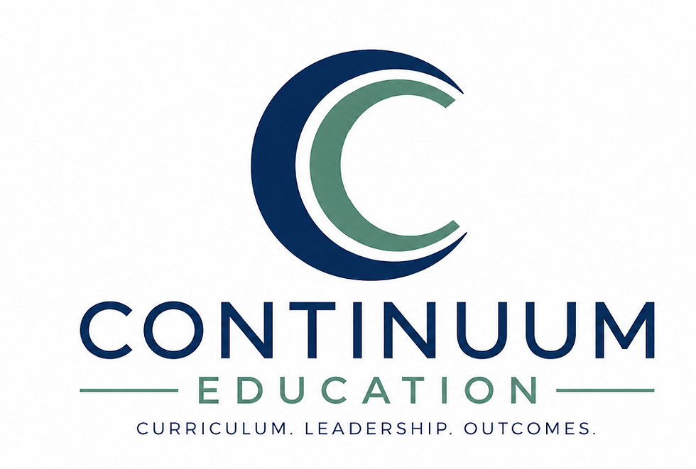 Continuum Education logo with double C icon in navy and green above the words CONTINUUM EDUCATION and the tagline CURRICULUM. LEADERSHIP. OUTCOMES. on white background.