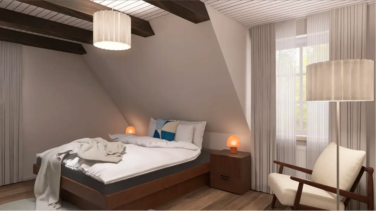 Gemütliches, modernes Schlafzimmer mit Bett und Stuhl