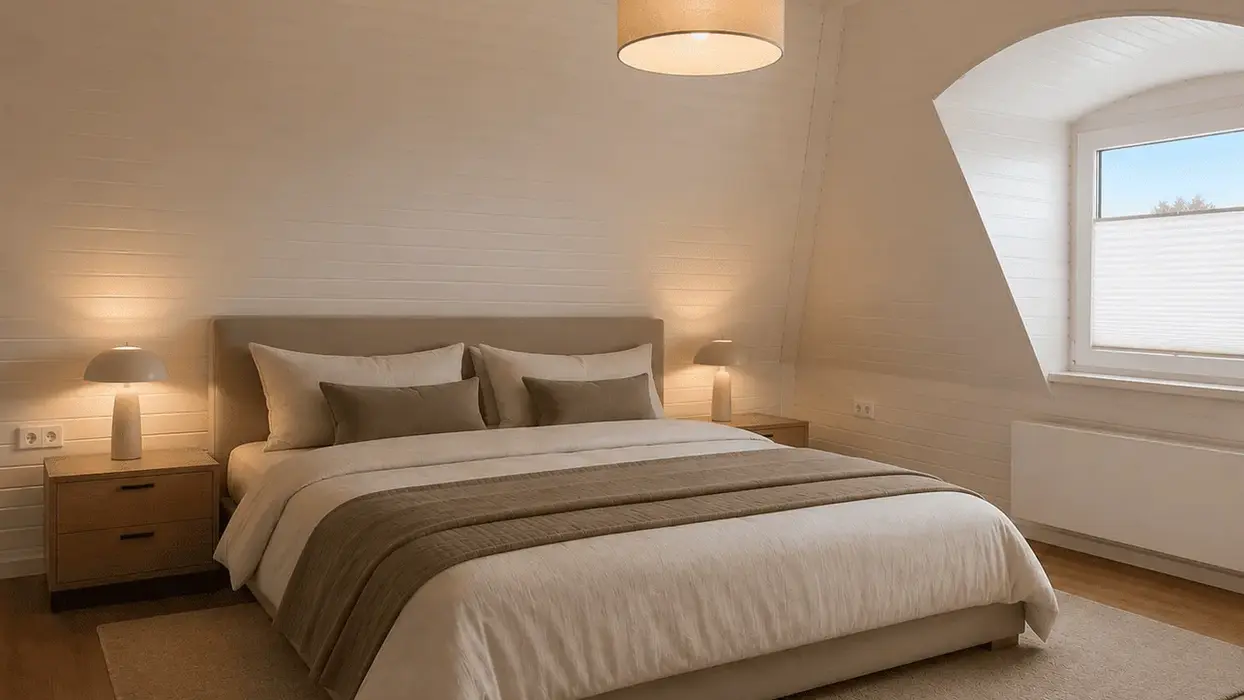 Moderner Schlafbereich mit großem Doppelbett auf einem Teppich mit Nachtschränkchen und gemütlicher, moderner Lampe, Blick nach draußen